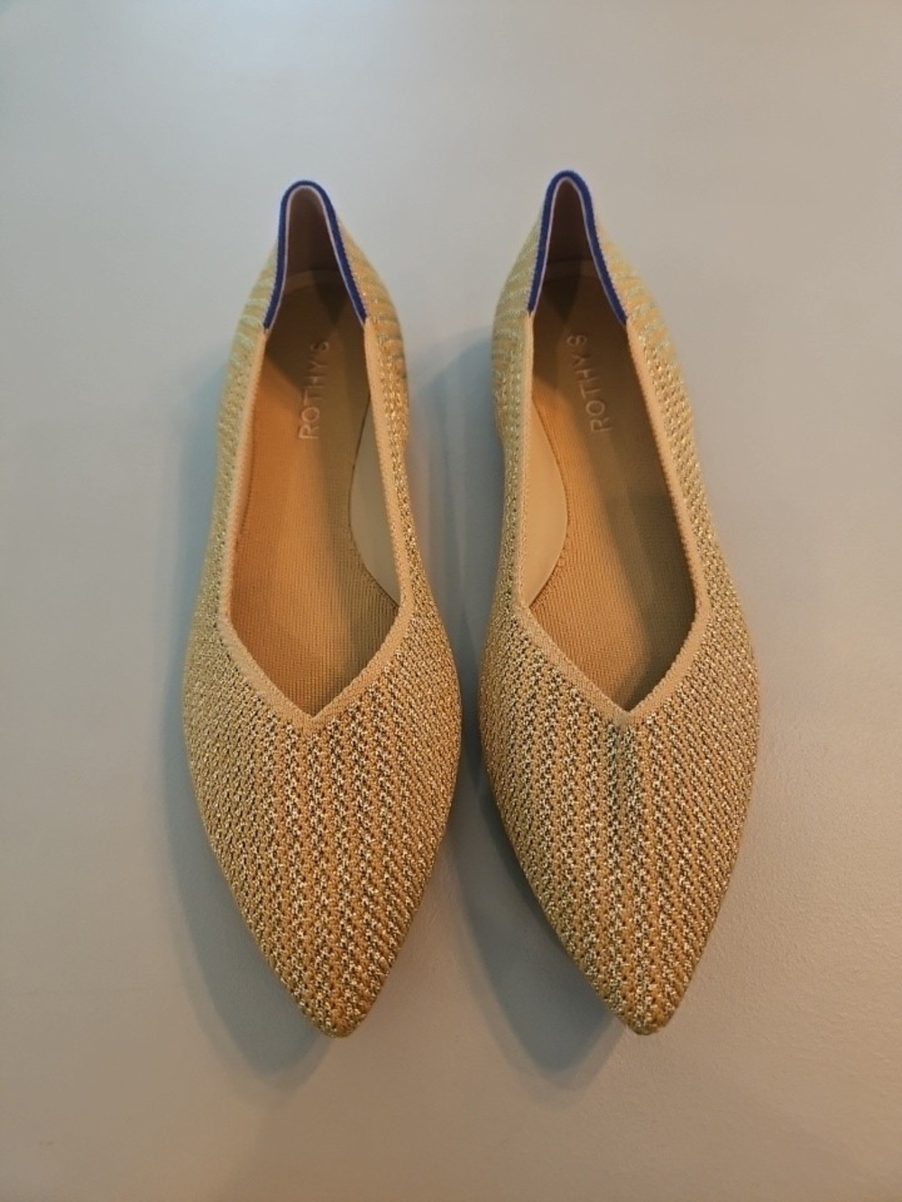 NWOB Rothy's Metalic Gold Pointed Knit Ballet Flats - NEW